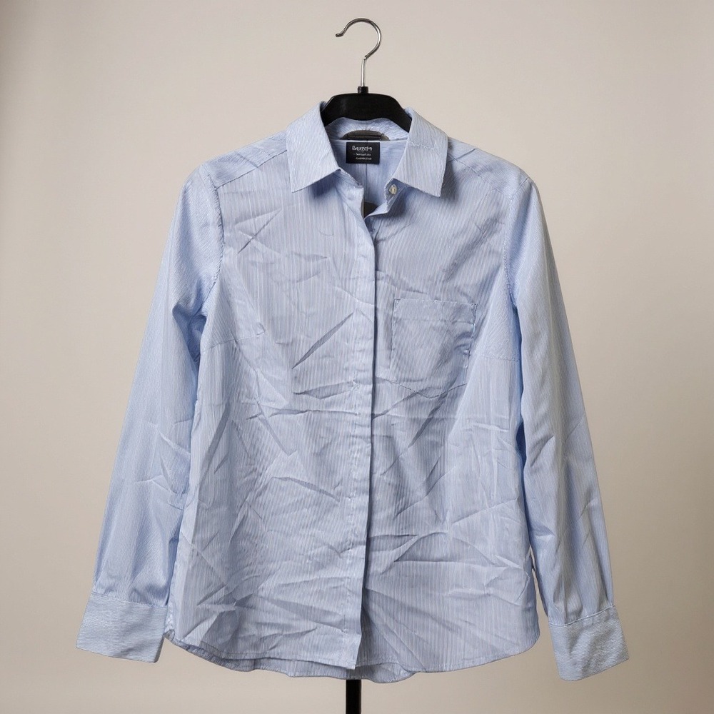 H&M Button Down Shirt Pinstripe Blue‎ Hidden Placket Size 6 Dark Academia Office